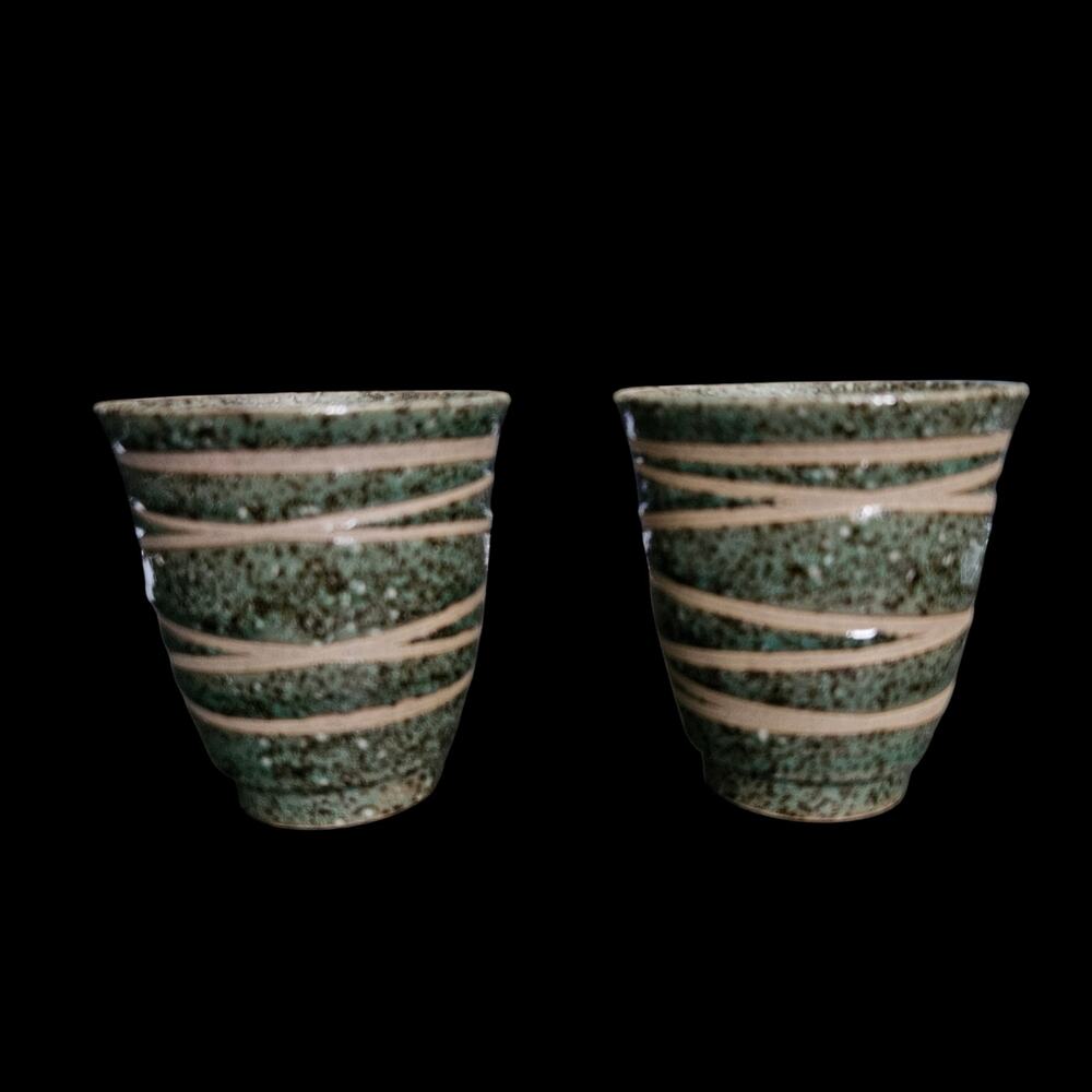 Vintage Studio Pottery Cups Set of 2 Green Speckled Spiral Stripe Handmade